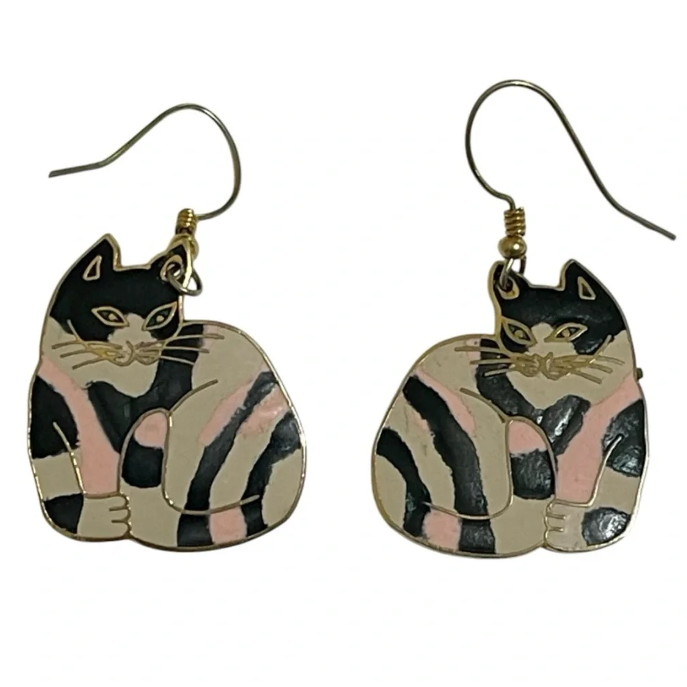 Vintage Meow Cat Enamel Dangle Earrings Gold Tone Rim Black Pink Cream Feline